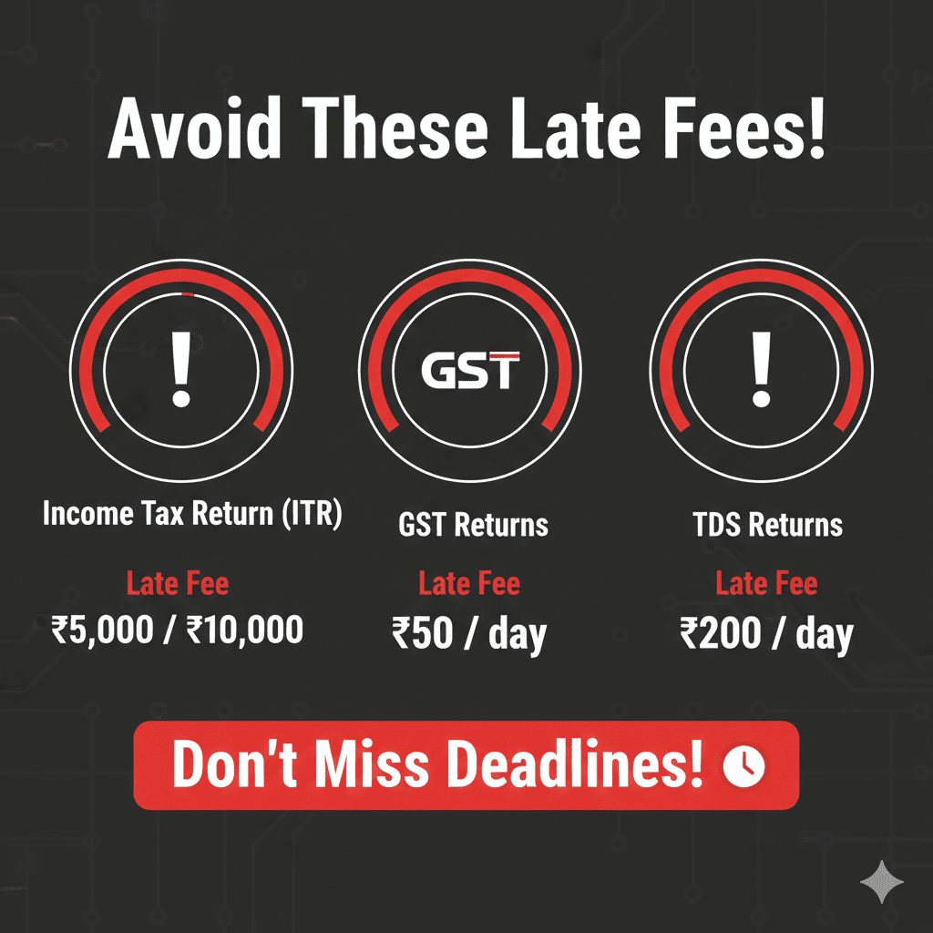 Warning infographic showing late fee penalties for missing income tax, GST and TDS deadlines