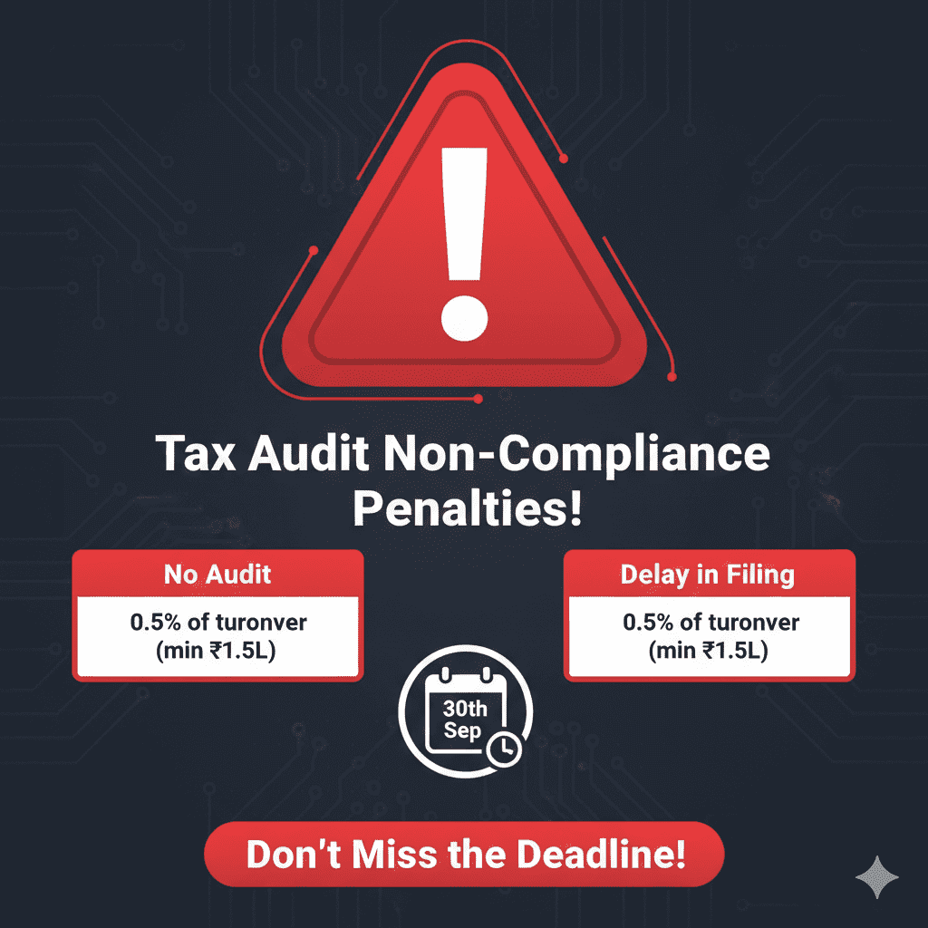 Warning infographic showing penalties for non-compliance with tax audit requirements under Section 271B