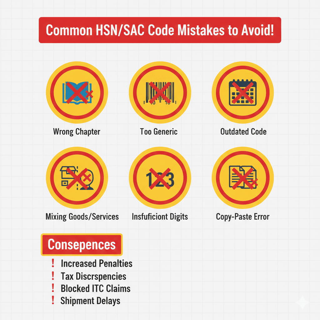 Warning infographic showing six common HSN/SAC code mistakes and penalty consequences