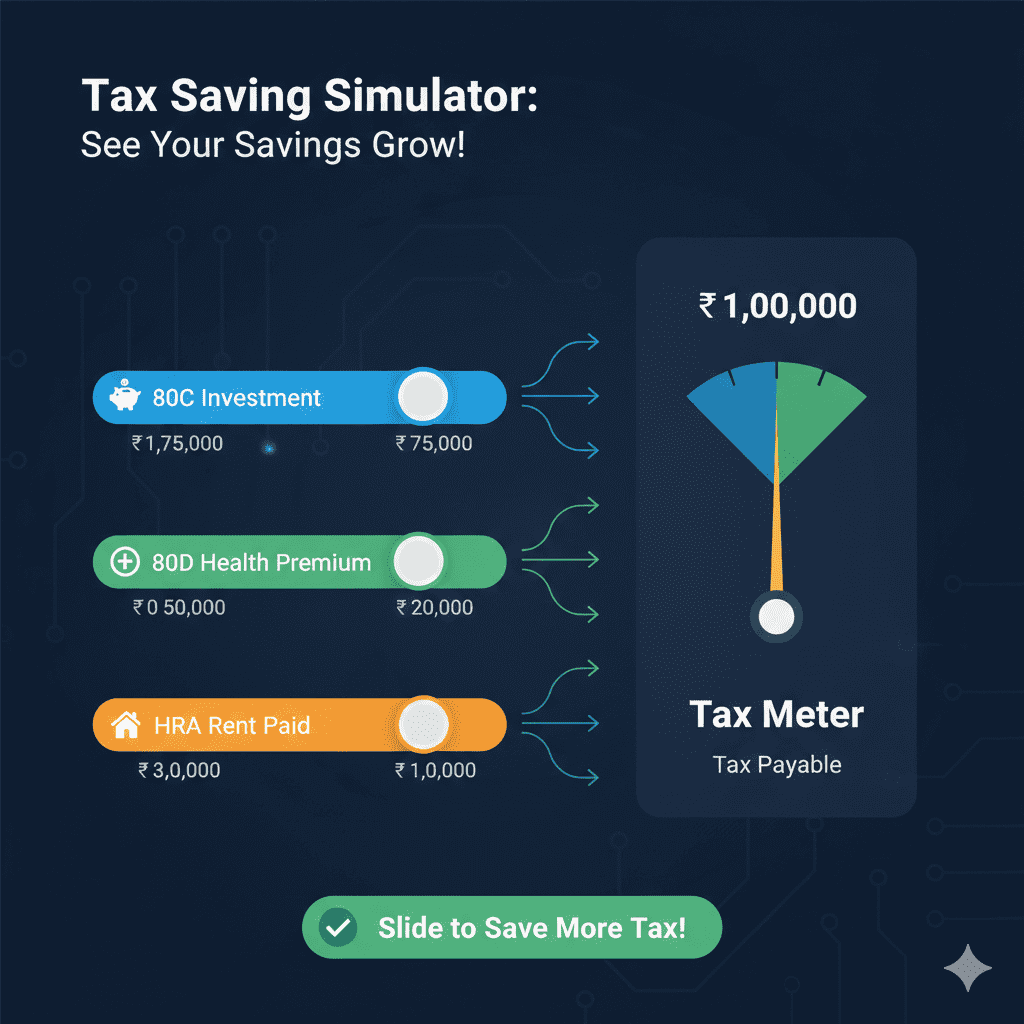 What-if analysis visualization showing how adjusting 80C, 80D and HRA impacts tax liability