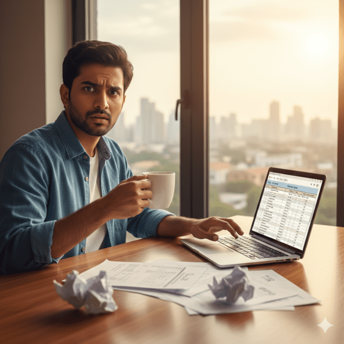 Confused Indian man looking at laptop calculating old tax regime vs new tax regime for FY 2026.