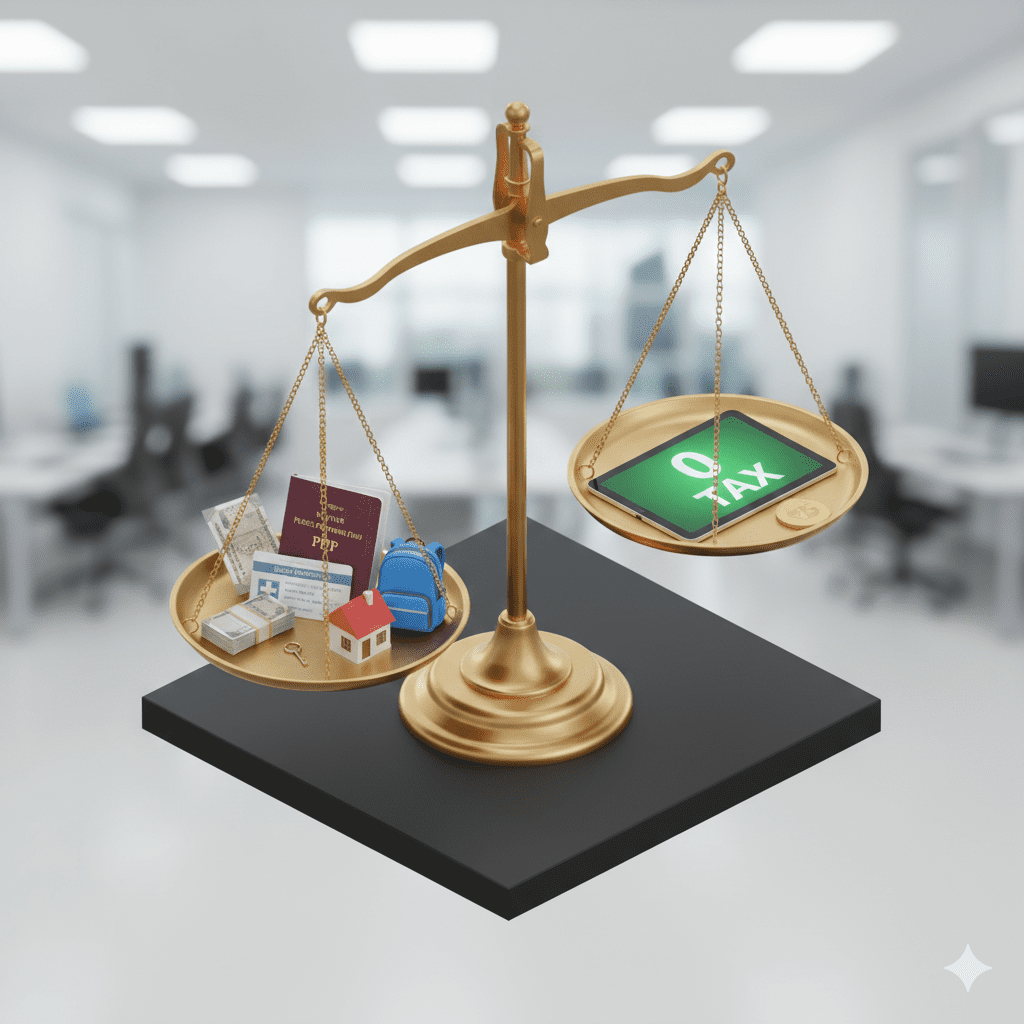 3D illustration of a weighing scale comparing the complex deductions of the old tax regime against the simplicity of the new tax regime.