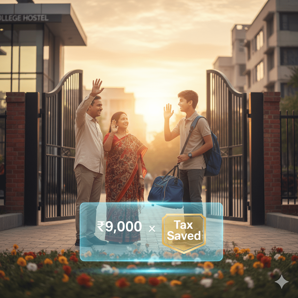 Indian parents dropping son at hostel with holographic visualization of tax savings from the new hostel expenditure allowance.