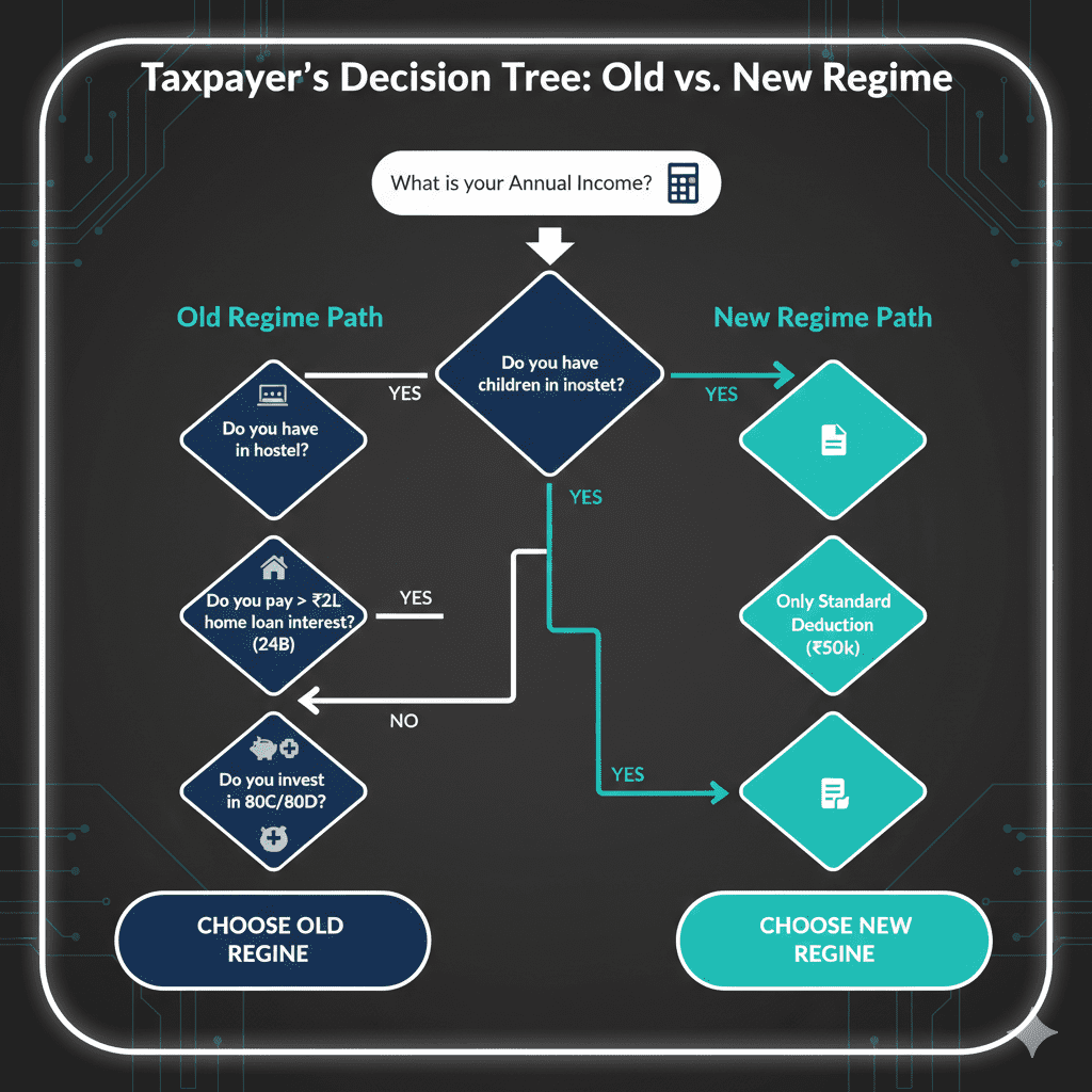Decision tree flowchart to help Indian taxpayers choose between old and new tax regime for the financial year 2026-27.