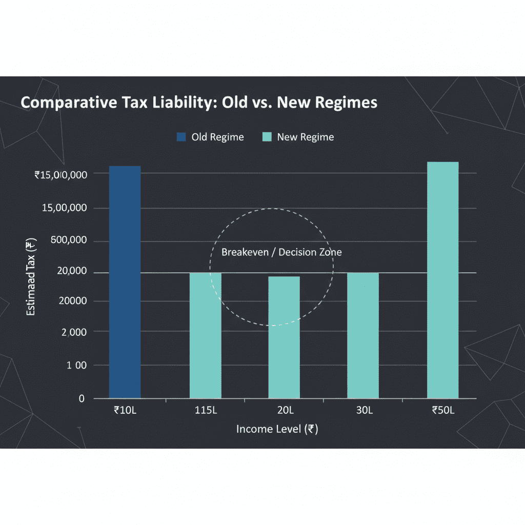 Bar chart comparing tax outgo under old and new tax regimes across income brackets for financial year 2026.