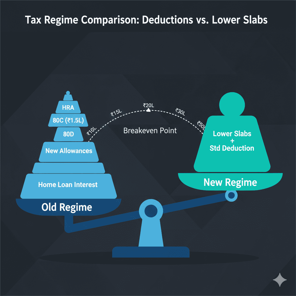 Infographic illustrating the breakeven deduction point required for the old tax regime to be more beneficial than the new tax regime for FY 2026-27.