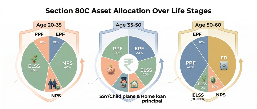 Age based Section 80C portfolio allocation for young, mid-career, and pre-retirees.