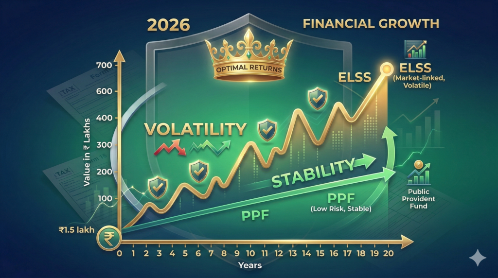 Chart comparing the potential long-term growth of ELSS vs PPF, highlighting the risk-return tradeoff in tax-saving investments.