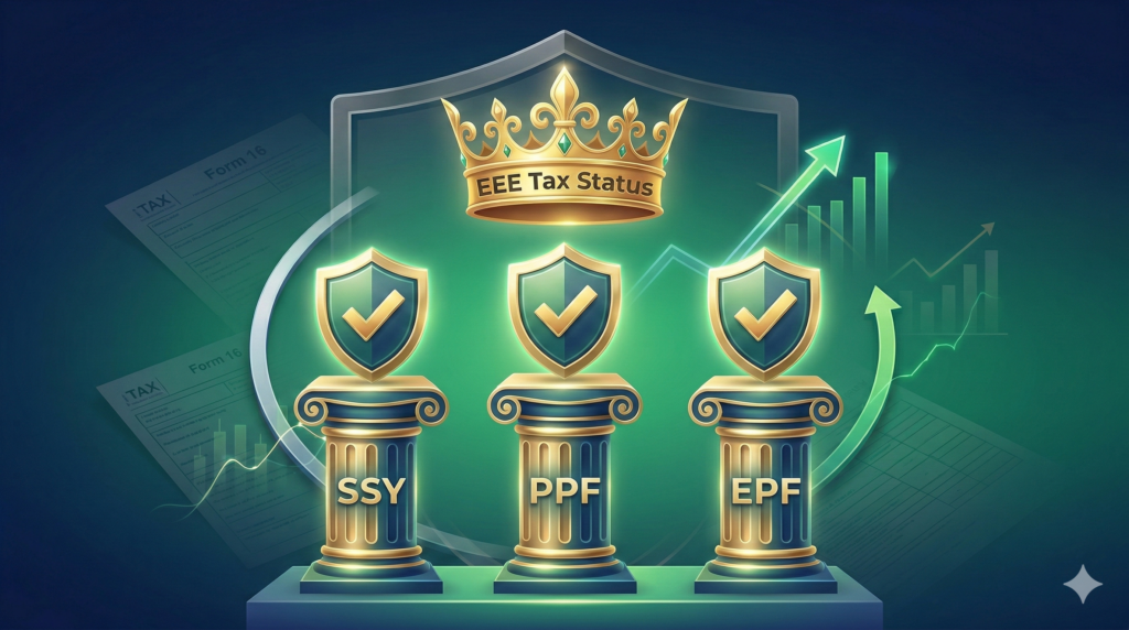 Comparison infographic of the top three EEE tax-saving investments in India for 2026 Sukanya Samriddhi Yojana, Public Provident Fund, and Employee Provident Fund.