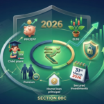 Section 80C Complete Guide 2026 showing tax saving investment options like PPF, ELSS, NPS, and home loan with 3D icons around a glowing Rupee symbol