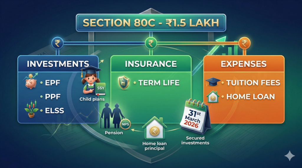 Section 80C tax saving options divided into investments, insurance, and expenses for 2026.