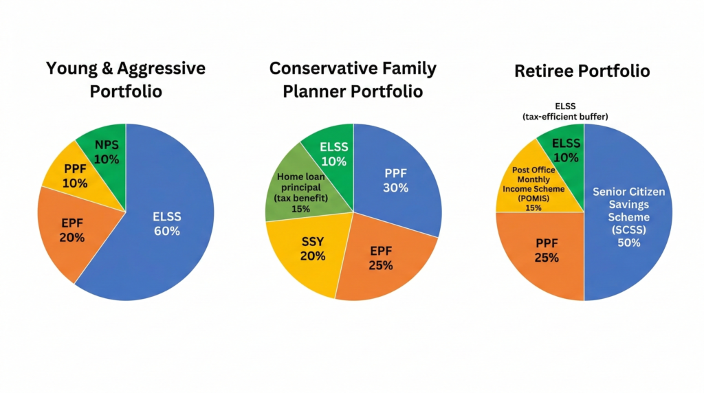 Three sample tax-saving investment portfolios under Section 80C for different investor profiles: aggressive, conservative, and retired.