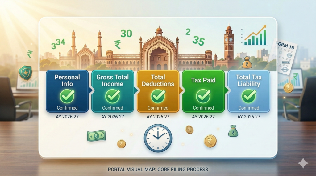 5 steps of filing ITR-1 online including personal info, income, deductions, and tax liability.