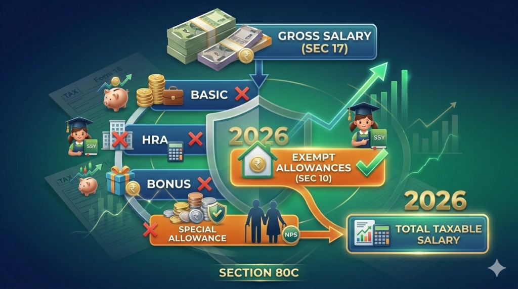 A visualization of how Gross Salary is broken down into components and exemptions.