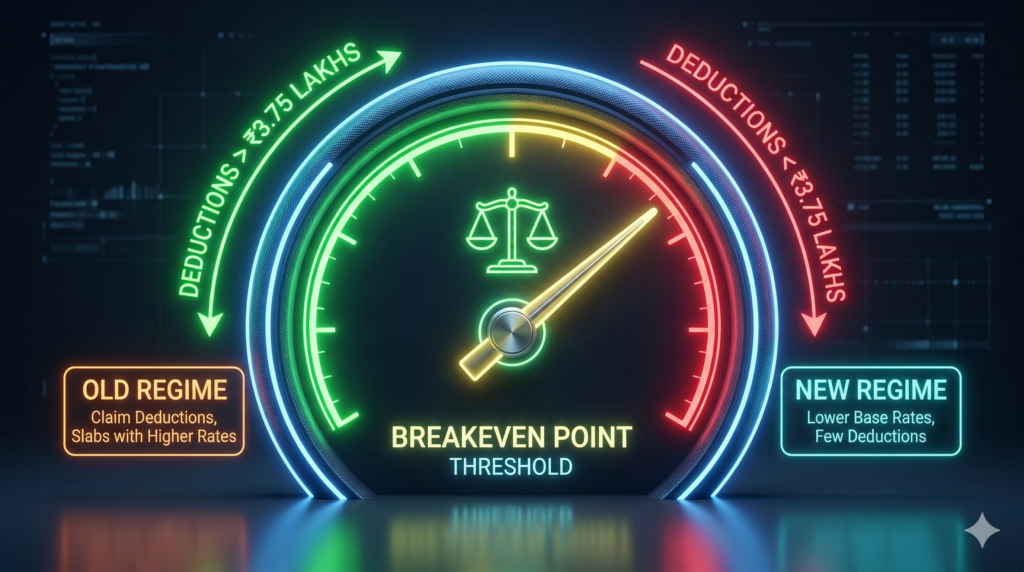 Breakeven point gauge showing when to choose old vs new tax regime based on tax deductions.