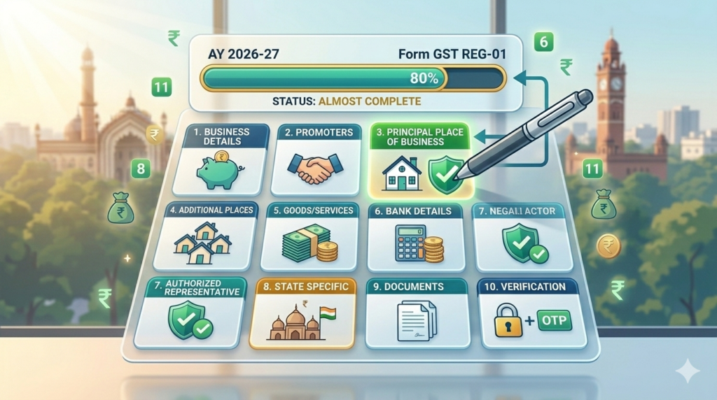 Dashboard view of Form GST REG-01 showing different tabs for online GST registration.