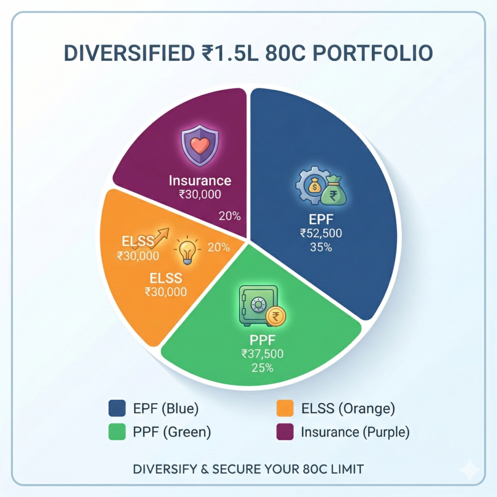 Diversified Section 80C investment portfolio breakdown for salaried employees.