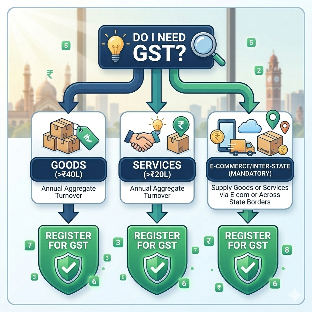 Flowchart showing GST registration threshold limits for goods, services, and e-commerce in India.