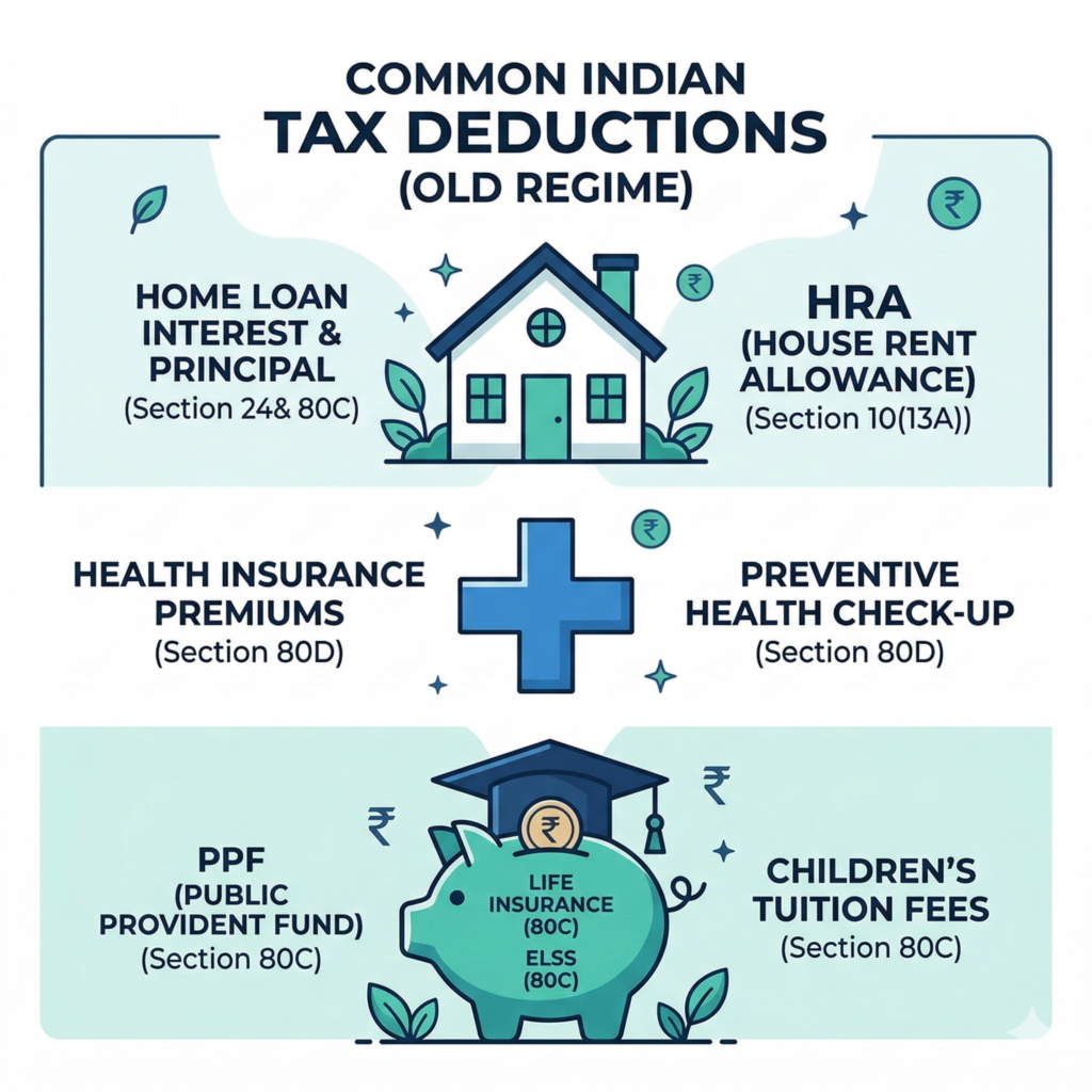 Infographic showing 80C, HRA, and 80D tax deductions available in Old Tax Regime in India.