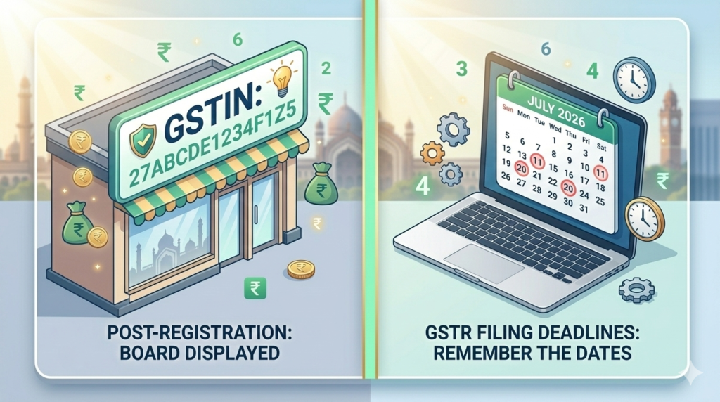 Next steps after getting GST registration including displaying GSTIN board and filing GSTR returns.