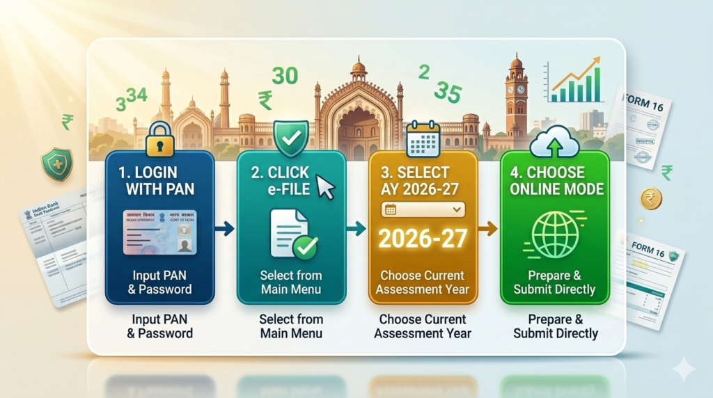 Step by step process flowchart to start income tax return filing on the e-filing portal.