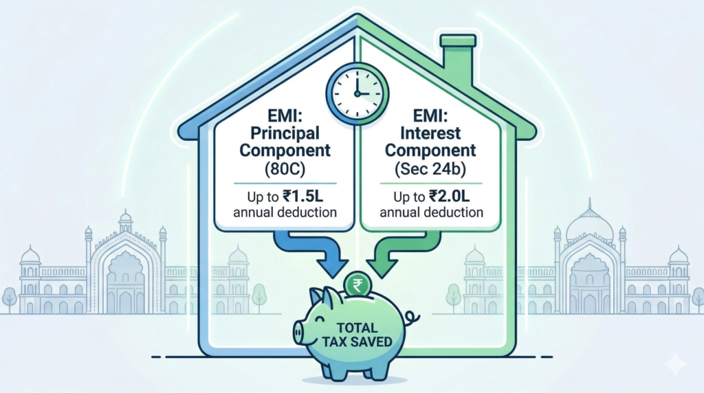 Tax benefits of a home loan showing principal and interest deductions under income tax act.