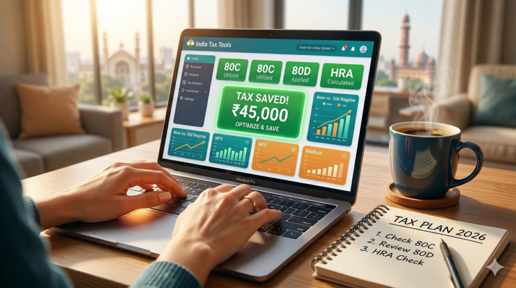 Taxpayer using online tax calculator to save tax on salary in 2026.