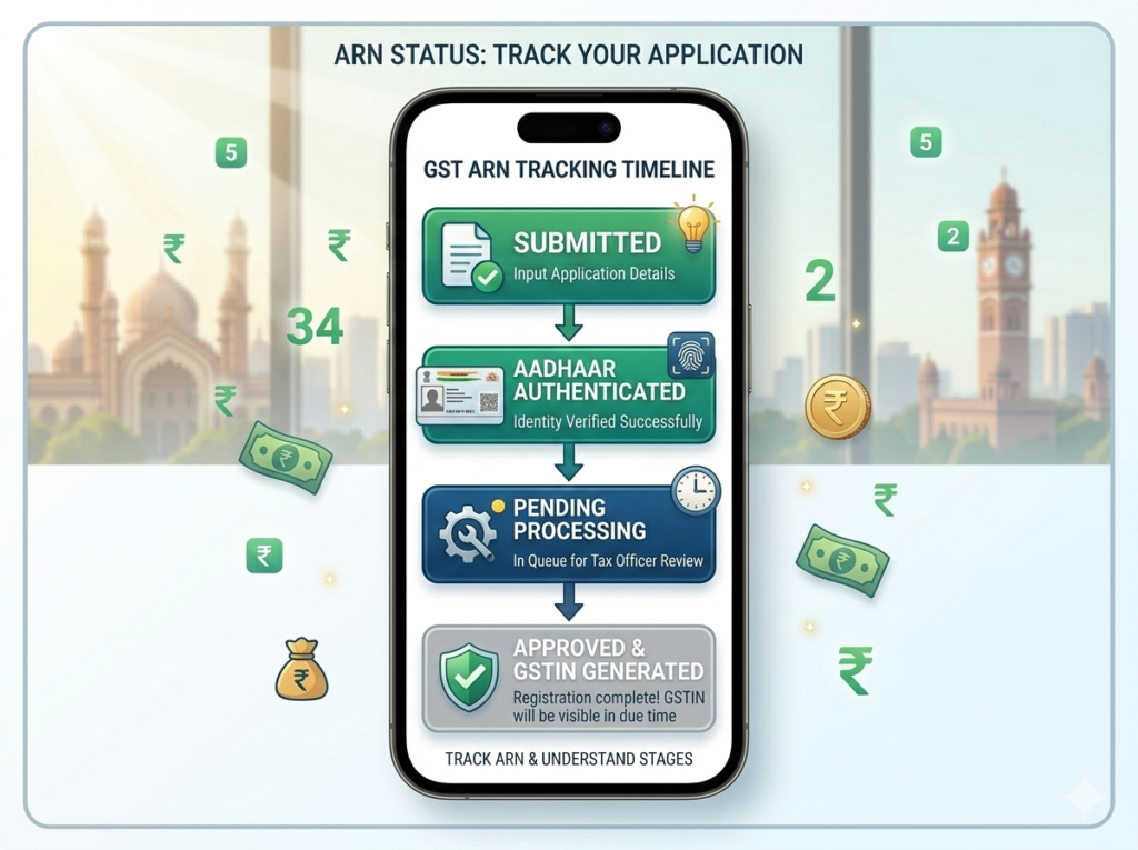 Tracking ARN status for GST registration online showing pending and approved stages.