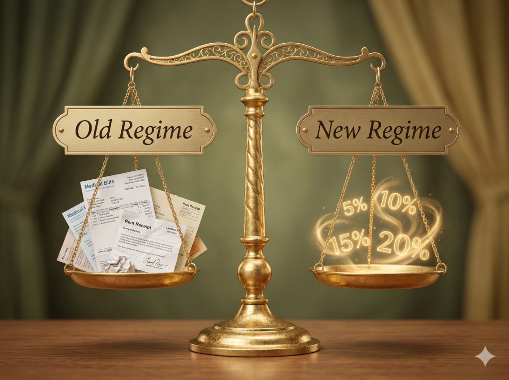 Weighing scale comparing tax deductions of old regime with lower tax rates of new regime.
