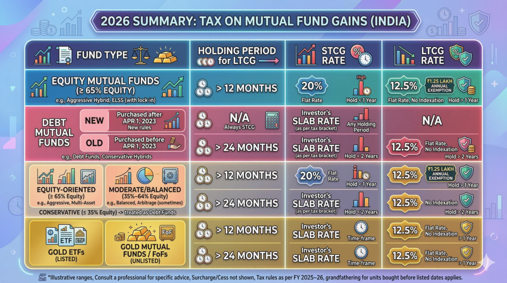 Mutual Fund Taxation 2026 Summary Table Infographic